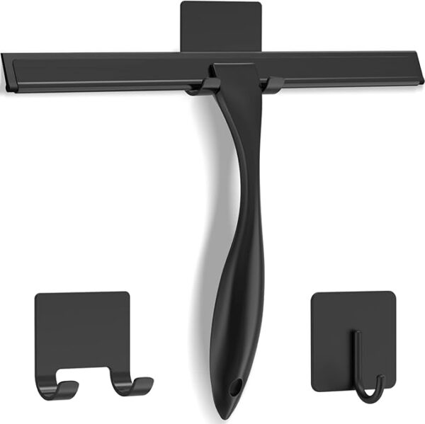 All-Purpose Stainless Steel Shower Squeegee with Silicone Blade and Adhesive Hooks for Bathroom Glass, Mirrors, and Windows